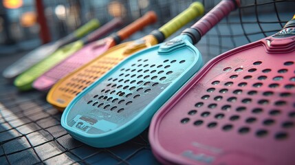Vibrant paddle rackets arranged on a net during an evening match at a recreational sports facility
