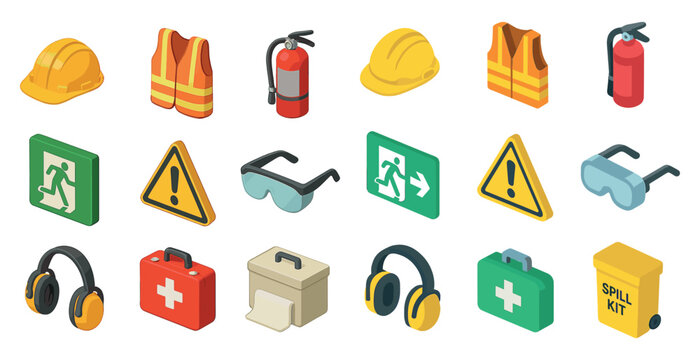 Safety equipment isometric icons set – protective, emergency, hazard symbols