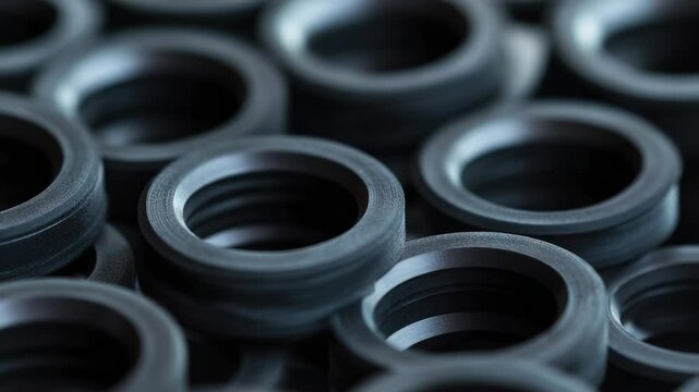 A close-up view of a bunch of black rubber rings