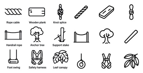 Adventure and climbing outline icons set – linear, silhouette, outdoor exploration gear