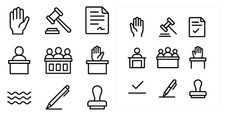 Legal and justice outline icons set – court, law, attorney symbols
