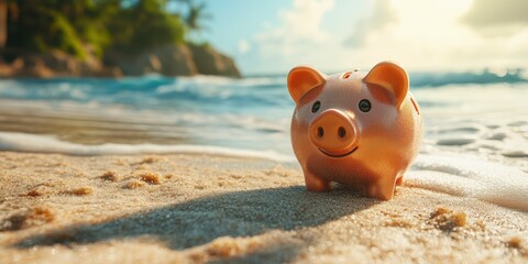 Piggy bank positioned on sandy beach near ocean waves during a bright sunny day