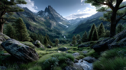 Mountain valley landscape with green meadow and clouds in sky. Summer nature scene of rocks, trees, bushes and lawn with green grass, vector cartoon illustration