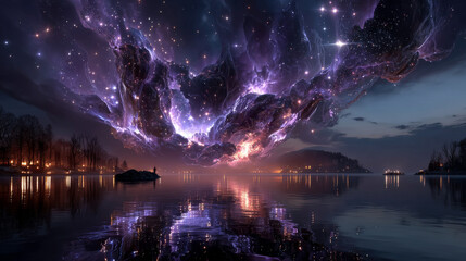 Obraz premium Sparkly purple smoke cloud or fog on dark background. Magical mist with glowing particles and stars. Fantasy nebula texture. Mysterious hazy effect for mystical designs or fairy tale illustrations.