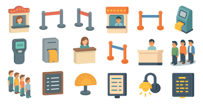 Queue management and ticketing icons set – flat, filled, line and outline symbols