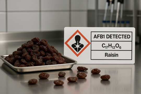 AFB1 Detected in Raisins a Mycotoxicology Investigation for Food Toxicology showing a GHS08 Health Hazard Warning for a Contaminated Dehydrated Fruit Sample in a Laboratory