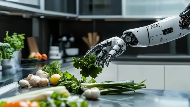  Advanced robotic arm in sleek kitchen setting, skillfully preparing fresh vegetables on countertop, highlighting the intersection of technology and culinary arts