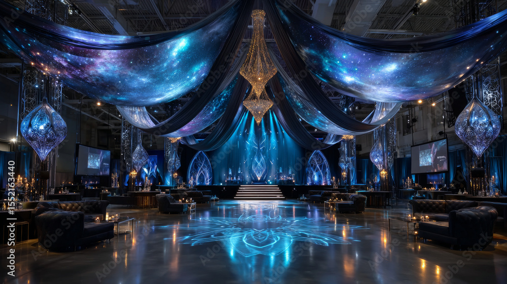 Aufkleber dark blue podium stages on shimmering curtain backdrop with vertical folds and sparkles. elegant pla