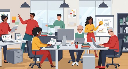 Diverse team collaborating in a modern office setting