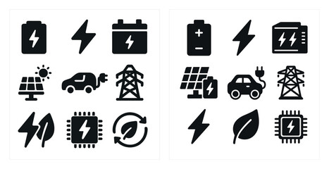 Electric vehicle solid icons set – charge, outline, sustainable energy elements