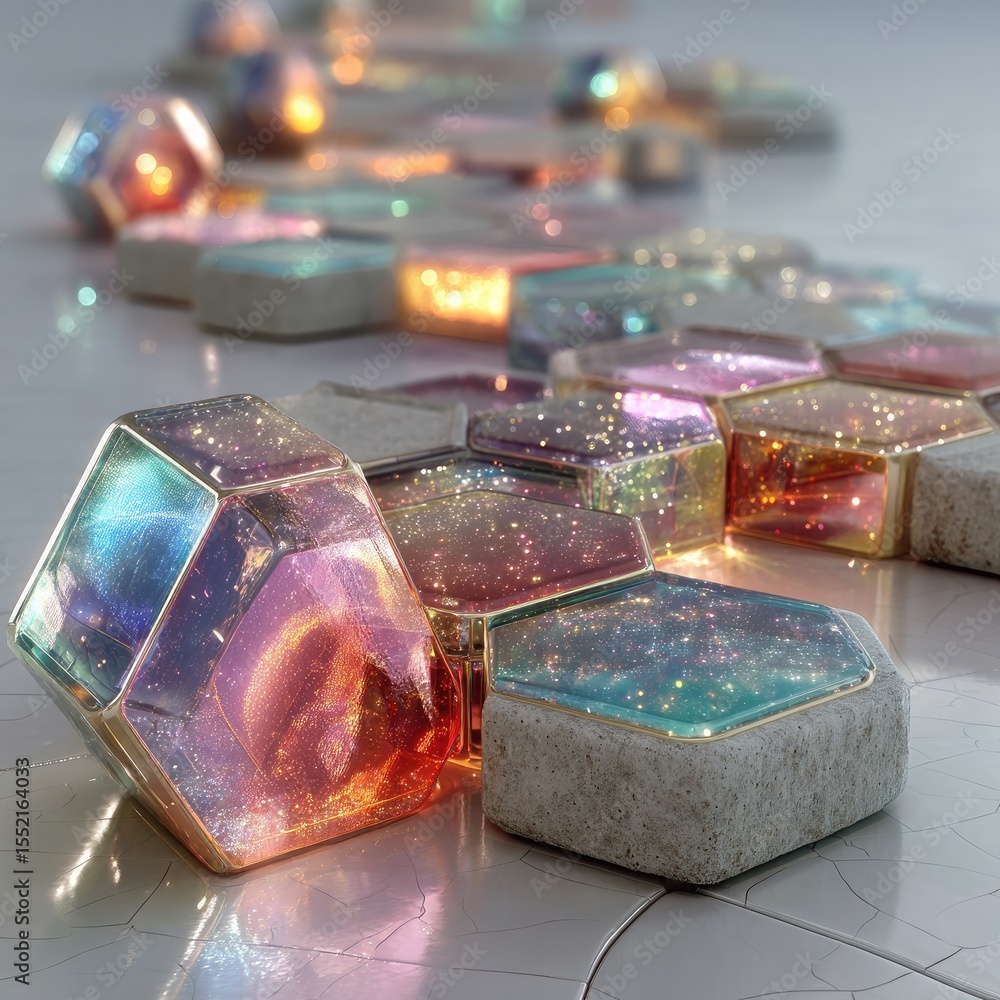 Poster glowing hexagonal gems with sparkle on white surface