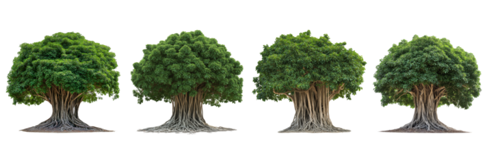 Set of large green banyan trees with roots cut out isolated transparent background