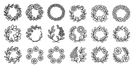 Floral outline icons set – nature, wreath, botanical design elements