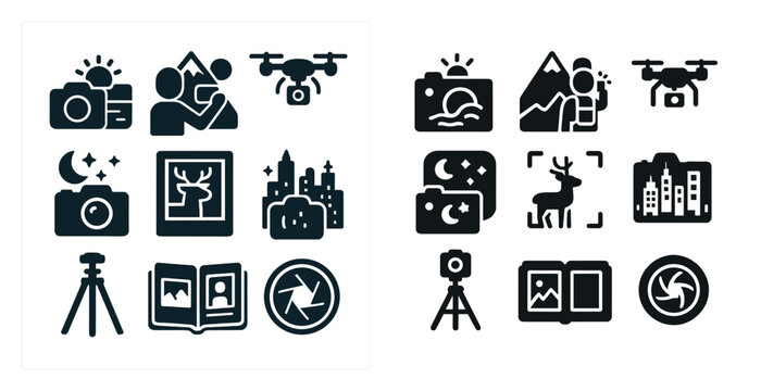 Photography and travel outline icons set – linear, camera, and adventure symbols