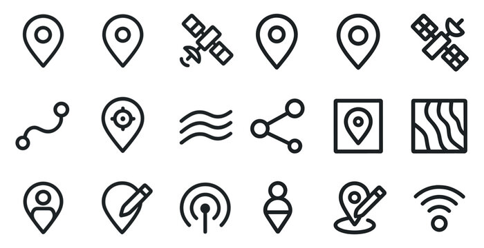Navigation and map outline icons set – linear, geolocation, gps and travel symbols