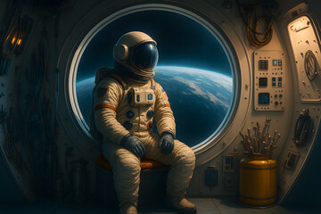Astronaut in spaceship window closeup outer space scene