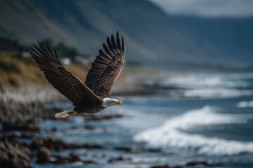 Eagle flies gracefully above a rugged shoreline while waves crash against the rocks below on a clear day