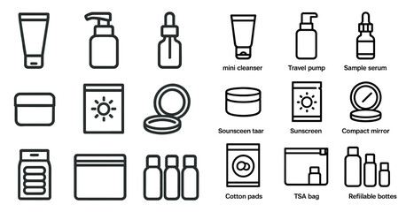Travel toiletries outline icons set – minimalist, grooming, personal care essentials