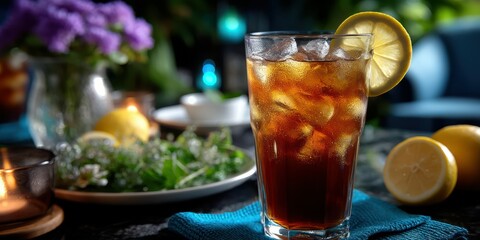 Refreshing iced tea with garnished lemon slice on a vibrant table setting during a cozy evening gathering