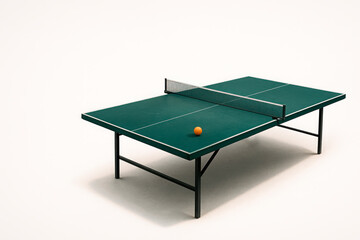 An empty tennis table with an orange ball. Space for text.