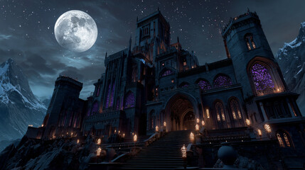 Road leading to fairytale medieval castle with stone walls, high towers, windows and gate doors at night. Cartoon dusk landscape with royal palace standing near mountain foot under full moon light.