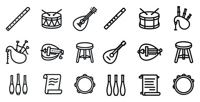 Music instruments outline icons set – line, silhouette, musical and audio symbols