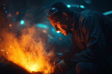 A dedicated blacksmith focuses on shaping heated metal as glowing sparks fly in a dimly lit workshop at night