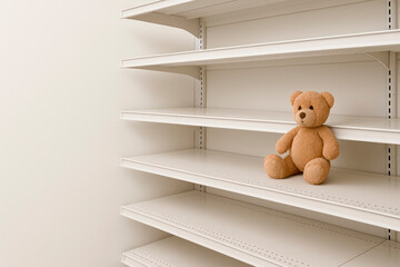A lonely bear cub on empty shelves. Space for text.