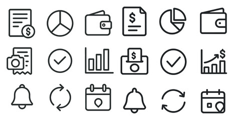 Finance and budget linear icons set &ndash; outline, line, money and investment symbols