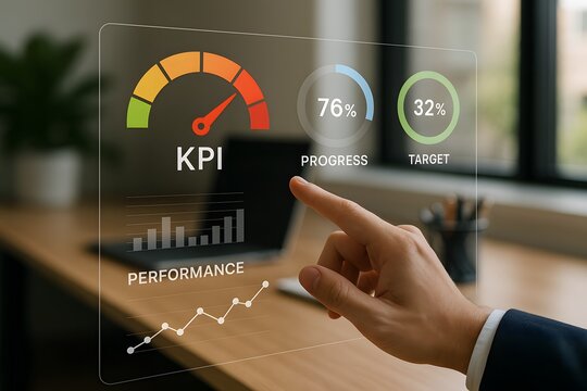 A close-up image showcases a person's hand interacting with a holographic display of Key Performance Indicators (KPIs), data visualization and performance metrics, symbolizing progress and goals.