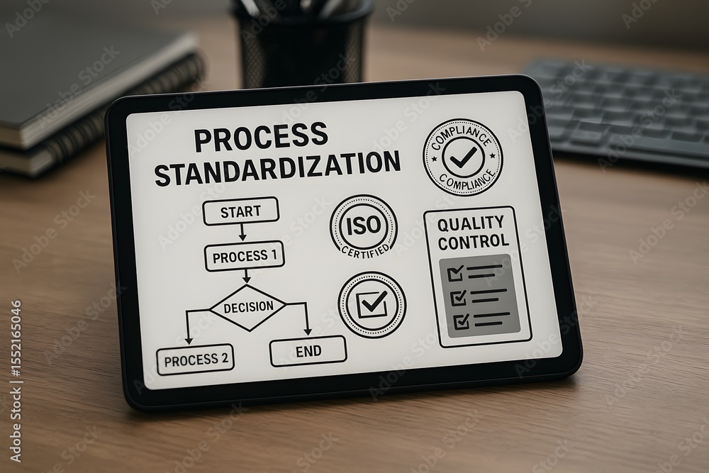 Poster process standardization concept shown on digital tablet screen. the tablet rests on a wooden desk wi