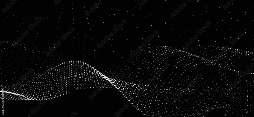 Poster abstract background with dynamic black and white wave. futuristic dotted wave of bright particles on