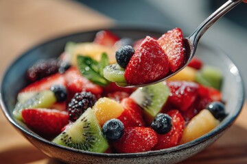 A bowl of vibrant fruit salad showcasing strawberries, kiwis, and blueberries is served on a warm, sunny afternoon