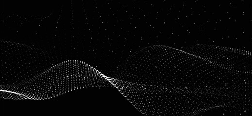 Abstract background with dynamic black and white wave. Futuristic dotted wave of bright particles on dark background. Weave effect. Background for presentation design. Wide format 3D illustration.