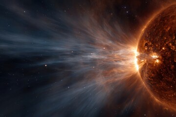 Obraz premium A solar flare bursts from the sun's surface, sending waves of plasma and energy into the vastness of space, illuminated by distant stars