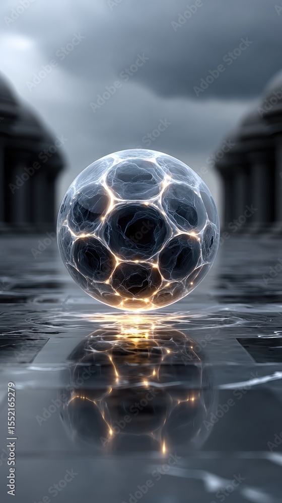 Poster glowing hexagonal sphere on reflective surface with classical columns