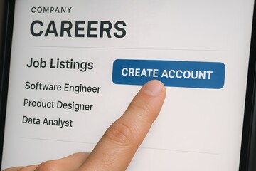 A finger of a person clicks the "Create Account" button on a job listing page. The Careers screen has Software Engineer, Product Designer and Data Analyst job listing option.