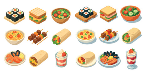 Food and restaurant isometric icons set &ndash; culinary, dining, kitchen graphics