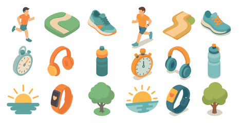 Fitness and running isometric icons set &ndash; training, exercise, workout symbols