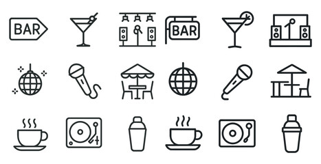 Nightlife and entertainment outline icons set – bar, music, event symbols