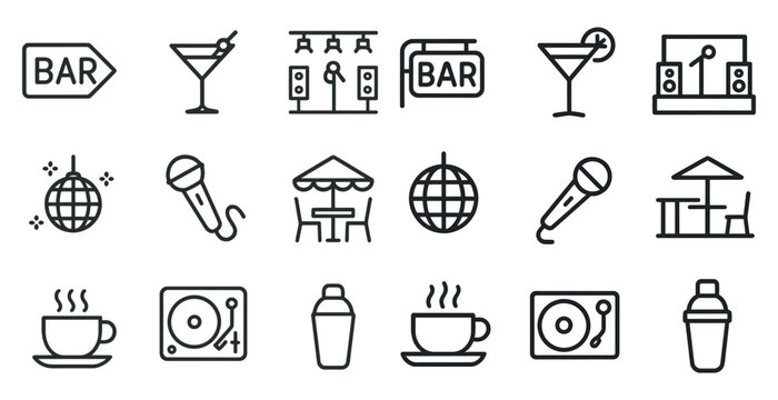 Nightlife and entertainment outline icons set – bar, music, event symbols