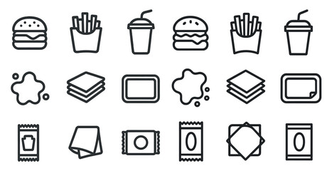 Fast food icons set – outline, linear, burger and snack symbols for menus