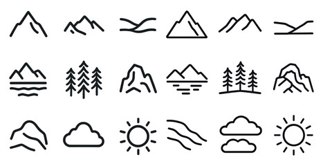 Nature and adventure outline icons set – linear, scenic, outdoor expedition symbols