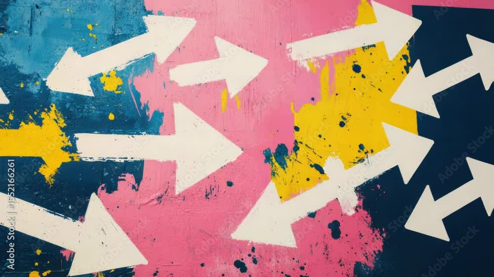 Poster a colorful mixture of arrows and paint splatters on a textured wall, suitable for artistic or decora