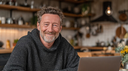 Fototapeta premium Portrait of a man smiling in a kitchen with a laptop near.