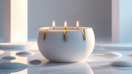 White Three-Wick Candle with Dripping Gold Wax - Luxury Decor