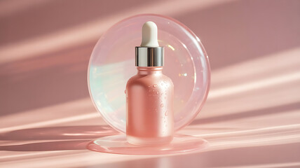 Pink Skincare Serum Dropper Bottle Mockup with Water Drops
