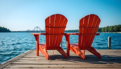 Two vibrant orange adirondack chairs sit on a wooden dock overlooking a blue lake