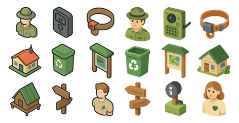Wildlife conservation isometric icons set – nature, recycling, sustainable symbols