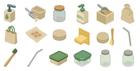 Zero waste lifestyle icons set – isometric, eco-friendly, sustainable symbols